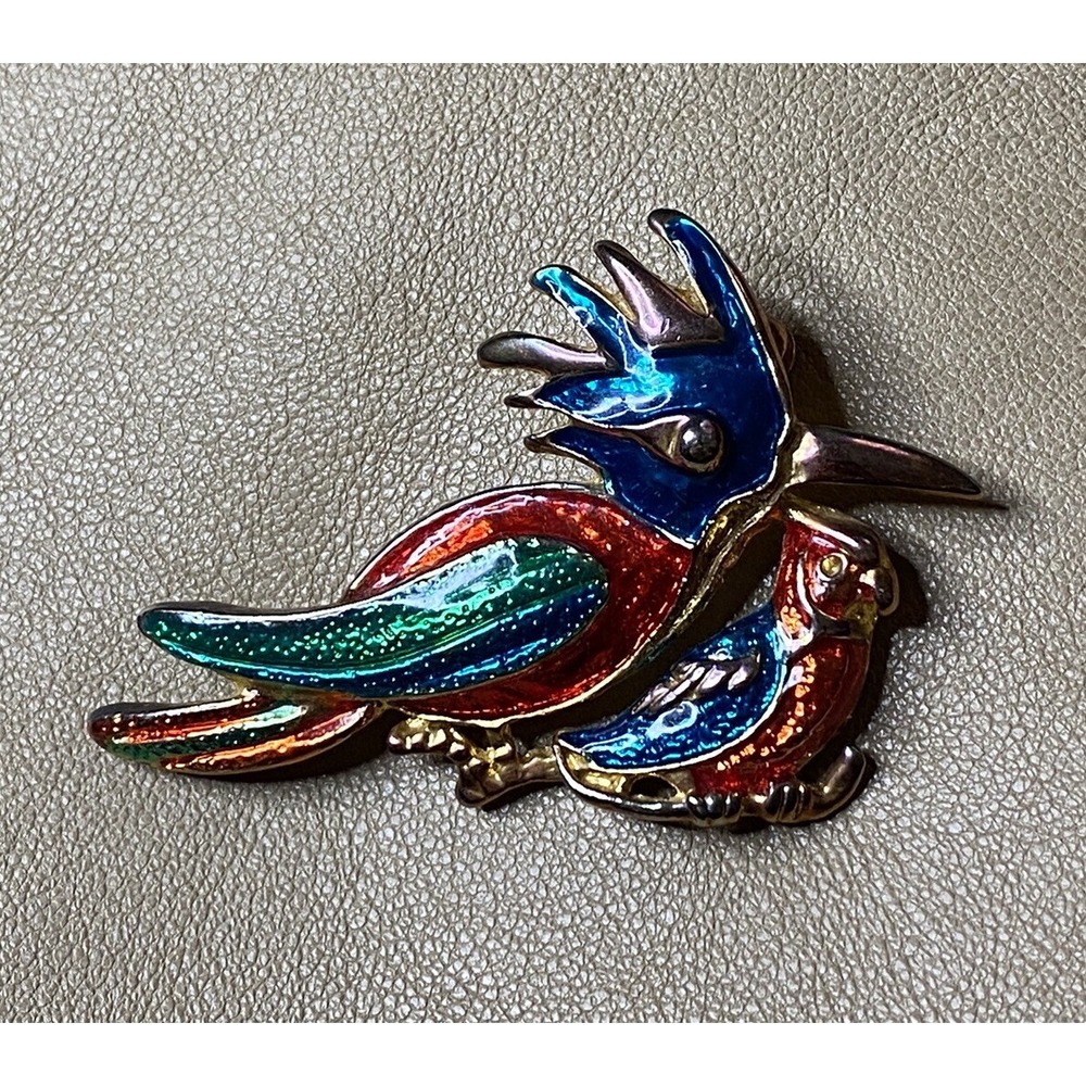 VNTG Birds Cockatoo/Woodpecker Red Blue Green Enamel Over Gold Tone Metal Brooch